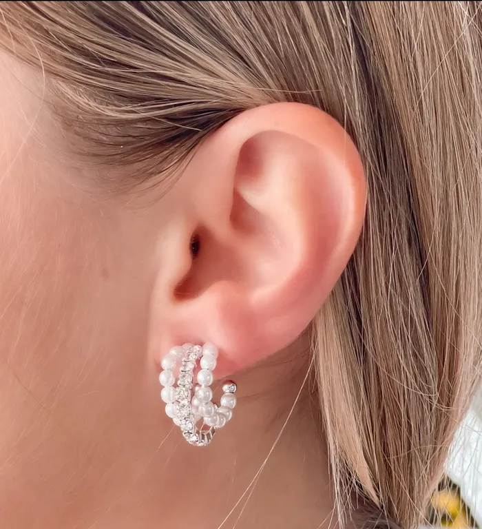 Earrings Prep Obsessed MOA Pearl Rhinestone Mini Hoop Earrings Silver