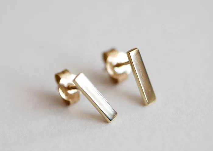 Gold Bar Earrings 14K Yellow Gold Studs Capucinne Earrings