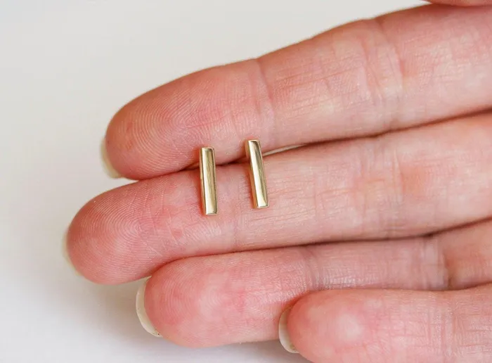 Gold Bar Earrings 14K Yellow Gold Studs Capucinne Earrings