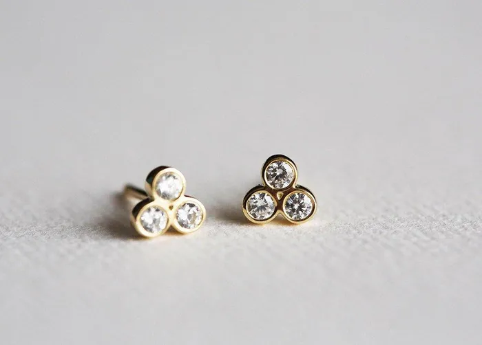 Gold Stud Earrings With 3 Small Round Cut Diamonds Apiece Capucinne Earrings Gold Stud Earrings With 3 Small Round Cut Diamonds Apiece Capucinne Earrings