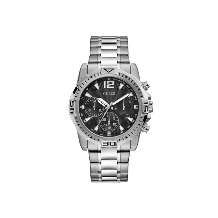 Guess Mens Tachymeter Watch Full Silver Plated Case Bracelet With Sun Black Dial Guess Bracelets