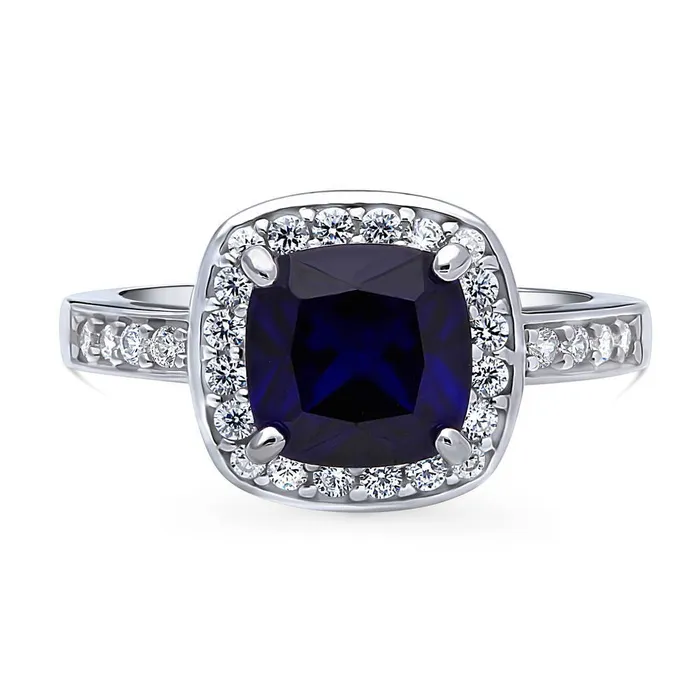 Halo Simulated Blue Sapphire Cushion CZ Ring in Sterling Silver BERRICLE Rings
