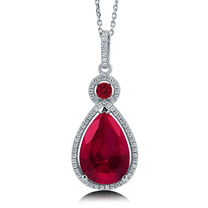Halo Simulated Ruby Pear CZ Necklace in Sterling Silver BERRICLE Necklaces