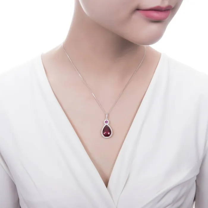 Halo Simulated Ruby Pear CZ Necklace in Sterling Silver BERRICLE Necklaces