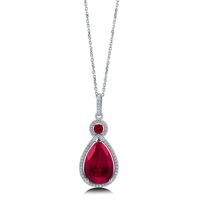 Halo Simulated Ruby Pear CZ Necklace in Sterling Silver BERRICLE Necklaces