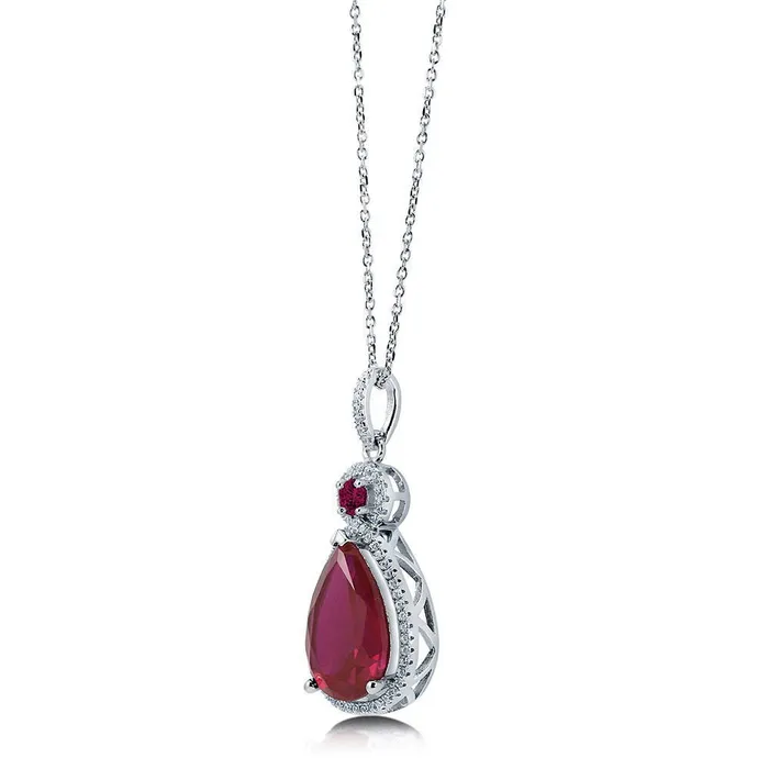 Halo Simulated Ruby Pear CZ Necklace in Sterling Silver BERRICLE Necklaces