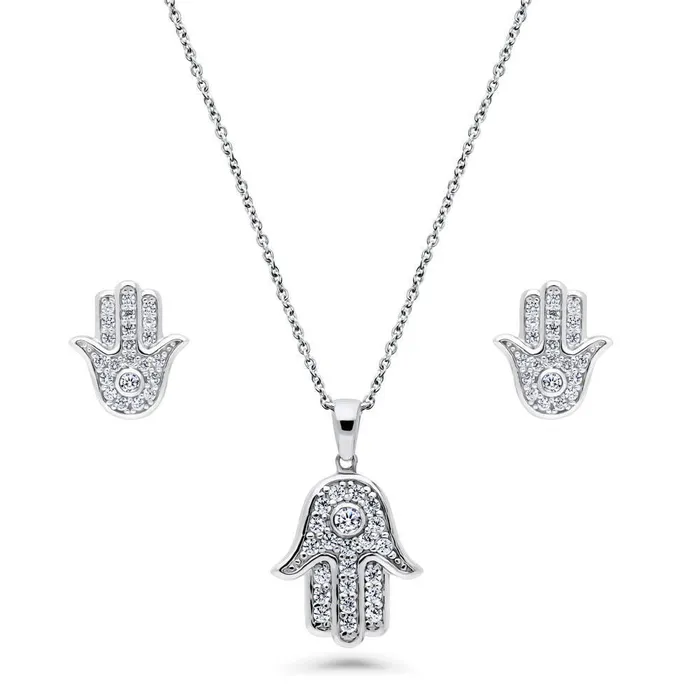 Hamsa Hand CZ Necklace and Earrings in Sterling Silver BERRICLE Necklaces