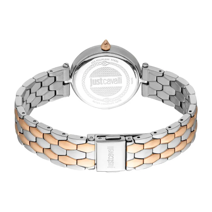 Just Cavalli Bracelets Just Cavalli Womens Two Tone Silver Rose Gold Watch with Silver Dial and Metal Bracelet
