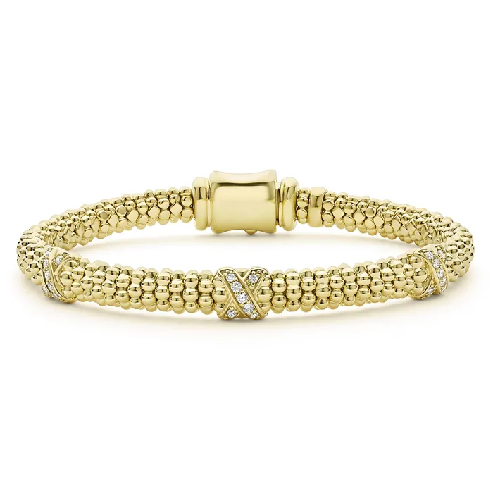 LAGOS Bracelets Embrace 18K Gold Three Station X Diamond Caviar Bracelet 6mm LAGOS Bracelets Embrace 18K Gold Three Station X Diamond Caviar Bracelet 6mm