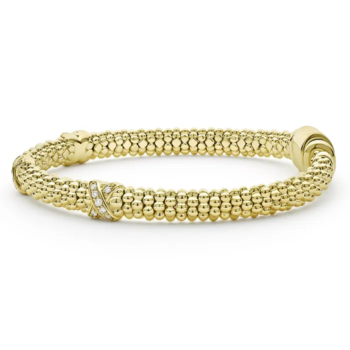 LAGOS Bracelets Embrace 18K Gold Three Station X Diamond Caviar Bracelet 6mm LAGOS Bracelets Embrace 18K Gold Three Station X Diamond Caviar Bracelet 6mm