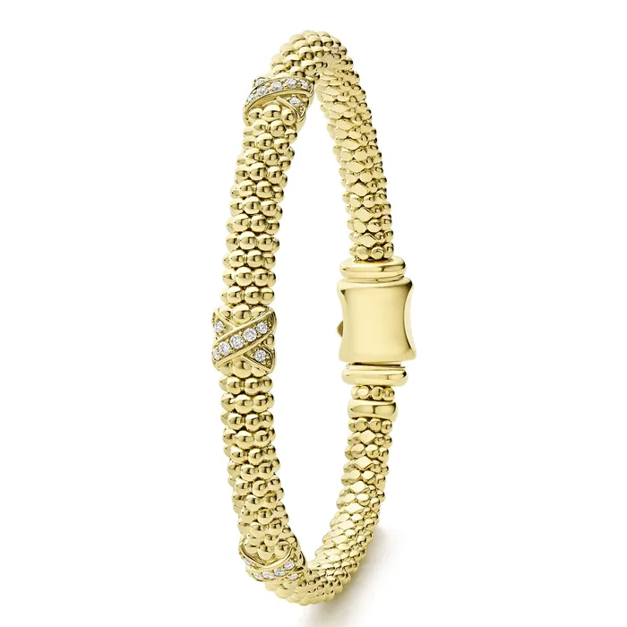 LAGOS Bracelets Embrace 18K Gold Three Station X Diamond Caviar Bracelet 6mm LAGOS Bracelets Embrace 18K Gold Three Station X Diamond Caviar Bracelet 6mm