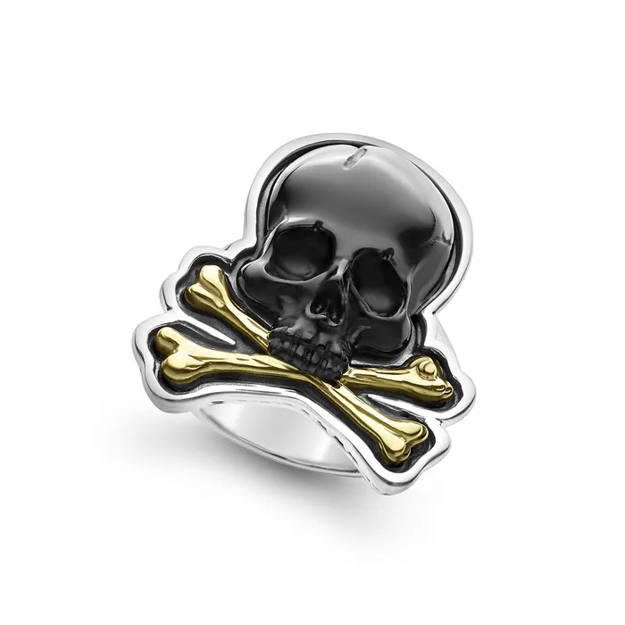 LAGOS Rings Anthem Black Agate Skull and Bones Statement Ring