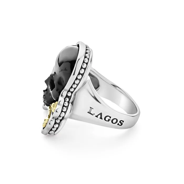 LAGOS Rings Anthem Black Agate Skull and Bones Statement Ring LAGOS Rings Anthem Black Agate Skull and Bones Statement Ring