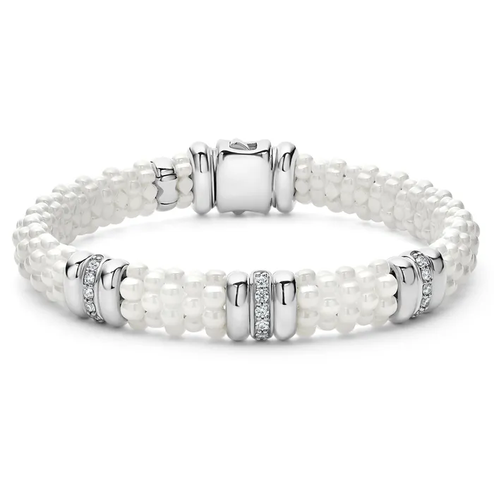 LAGOS White Caviar White Three Station Ceramic Diamond Bracelet 9mm Bracelets
