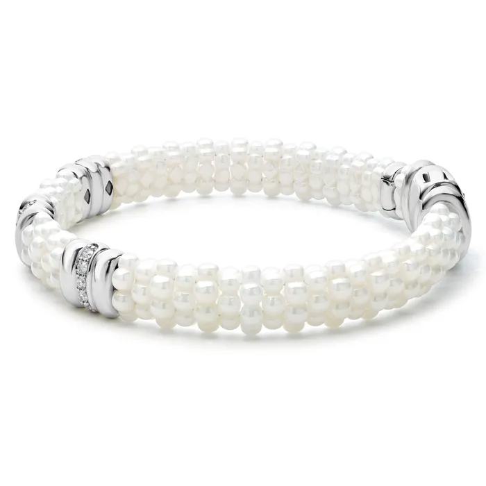LAGOS White Caviar White Three Station Ceramic Diamond Bracelet 9mm Bracelets LAGOS White Caviar White Three Station Ceramic Diamond Bracelet 9mm Bracelets