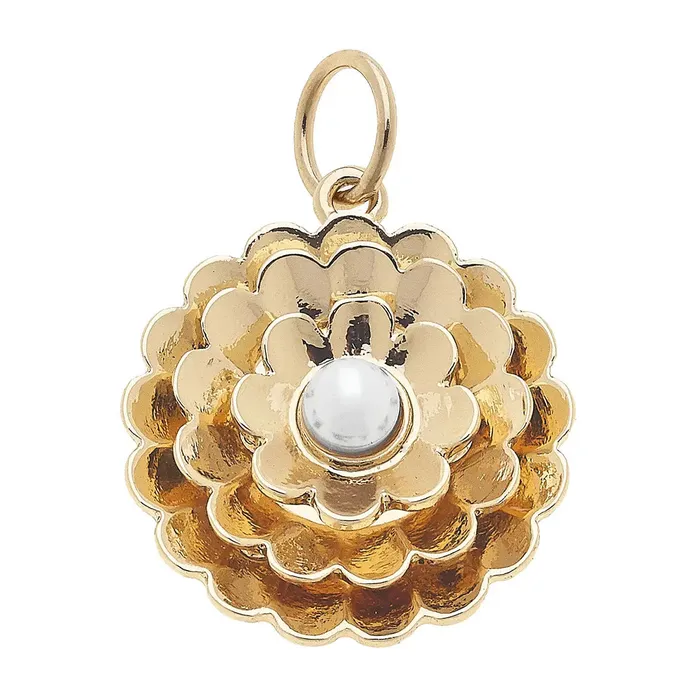 Layered Pearl Flower Charm in Shiny Gold Canvas Charm Necklaces