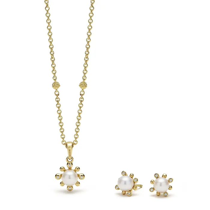 Luna 18K Gold Diamond Fleur Pearl Earrings and Necklace Gift Set LAGOS Earrings