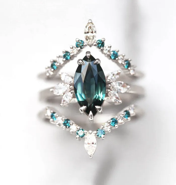 Melissa Teal Sapphire Diamond Ring Set Capucinne Rings