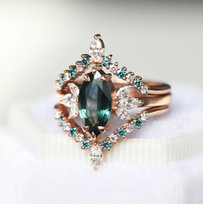 Melissa Teal Sapphire Diamond Ring Set Capucinne Rings