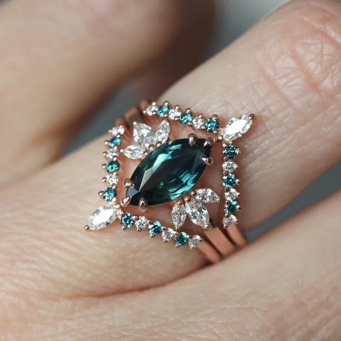 Melissa Teal Sapphire Diamond Ring Set Capucinne Rings