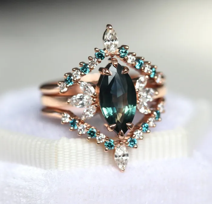 Melissa Teal Sapphire Diamond Ring Set Capucinne Rings