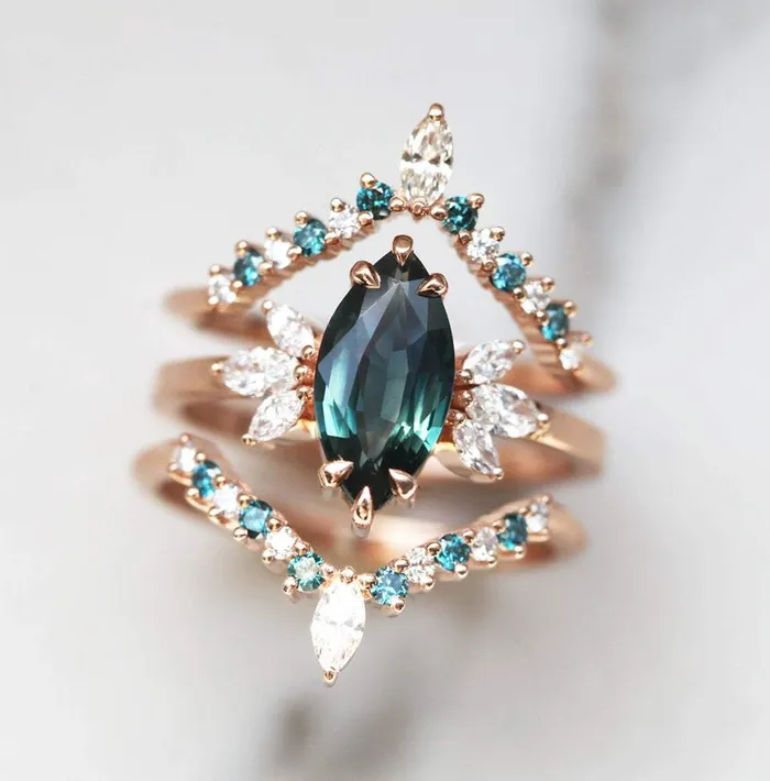 Melissa Teal Sapphire Diamond Ring Set Capucinne Rings