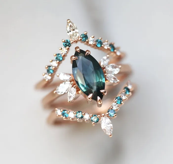 Melissa Teal Sapphire Diamond Ring Set Capucinne Rings