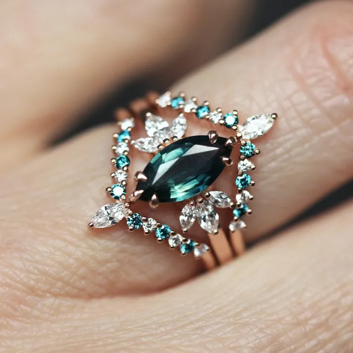 Melissa Teal Sapphire Diamond Ring Set Capucinne Rings