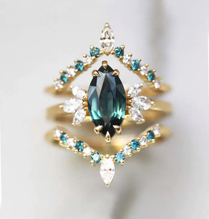 Melissa Teal Sapphire Diamond Ring Set Capucinne Rings