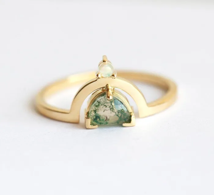 Melody Half Moon Moss Agate and Australian Opal Ring Capucinne Rings
