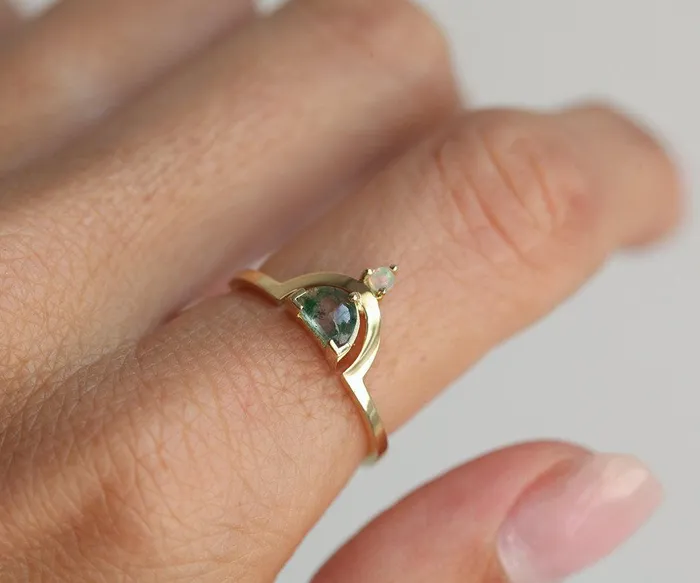 Melody Half Moon Moss Agate and Australian Opal Ring Capucinne Rings