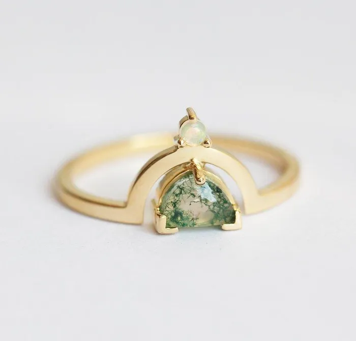 Melody Half Moon Moss Agate and Australian Opal Ring Capucinne Rings