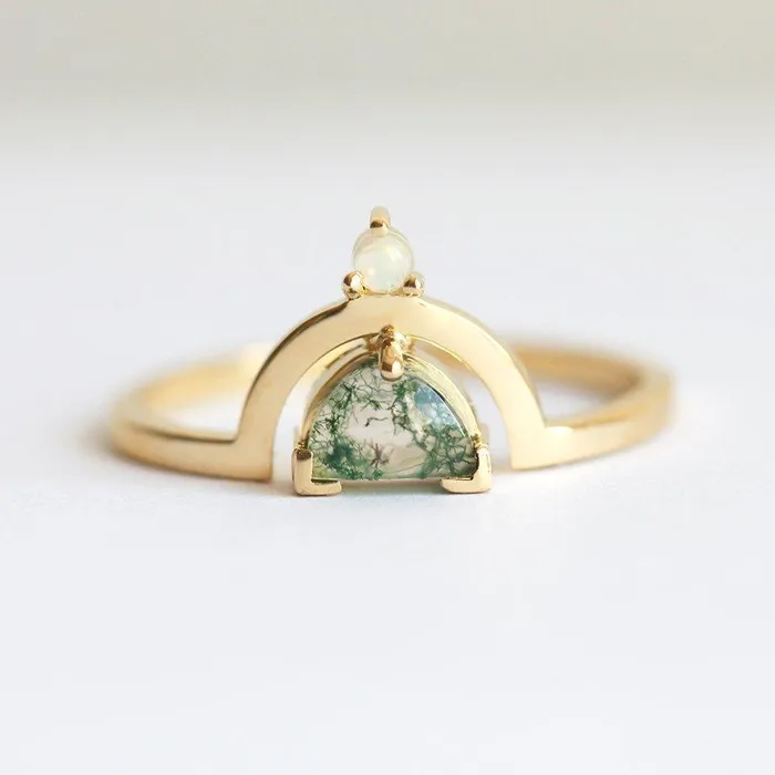 Melody Half Moon Moss Agate and Australian Opal Ring Capucinne Rings