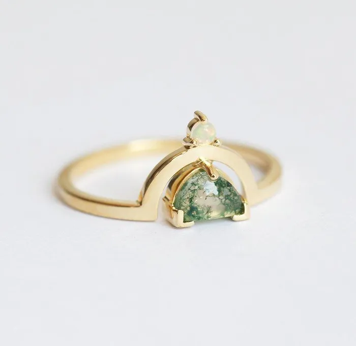 Melody Half Moon Moss Agate and Australian Opal Ring Capucinne Rings