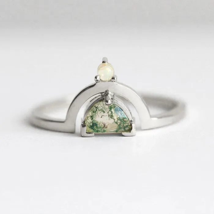 Melody Half Moon Moss Agate and Australian Opal Ring Capucinne Rings