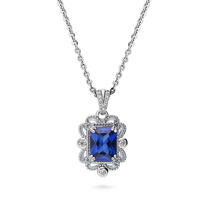 Milgrain Simulated Blue Sapphire CZ Necklace in Sterling Silver BERRICLE Necklaces Milgrain Simulated Blue Sapphire CZ Necklace in Sterling Silver BERRICLE Necklaces