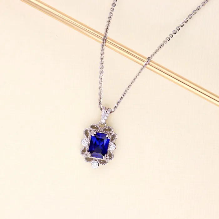 Milgrain Simulated Blue Sapphire CZ Necklace in Sterling Silver BERRICLE Necklaces
