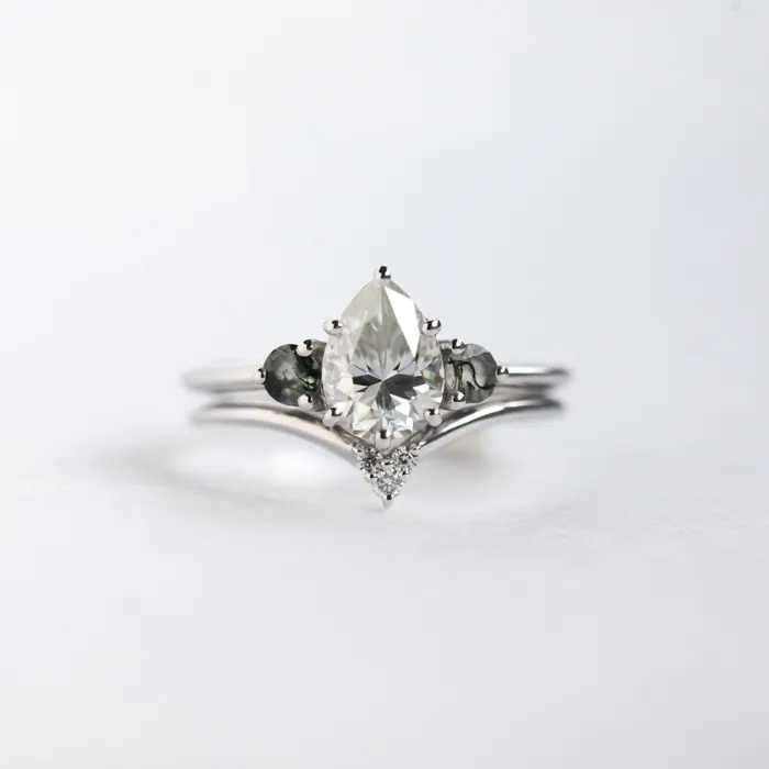 Misella Pear Moissanite Ring with Moss Agate Ready To Ship Capucinne Rings