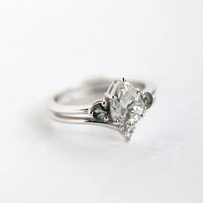Misella Pear Moissanite Ring with Moss Agate Ready To Ship Capucinne Rings