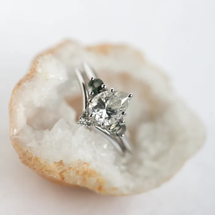 Misella Pear Moissanite Ring with Moss Agate Ready To Ship Capucinne Rings