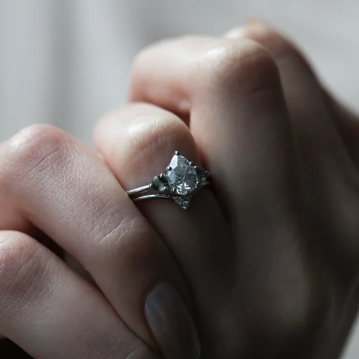Misella Pear Moissanite Ring with Moss Agate Ready To Ship Capucinne Rings