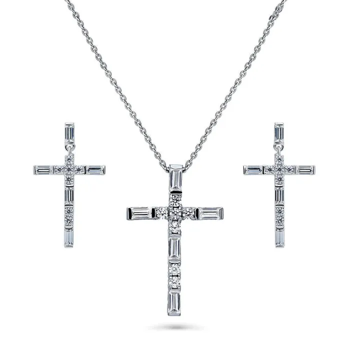 Necklaces BERRICLE Cross CZ Necklace and Earrings in Sterling Silver