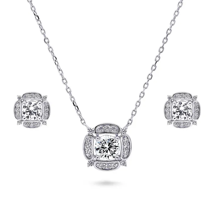 Necklaces Flower Halo CZ Necklace and Earrings in Sterling Silver BERRICLE