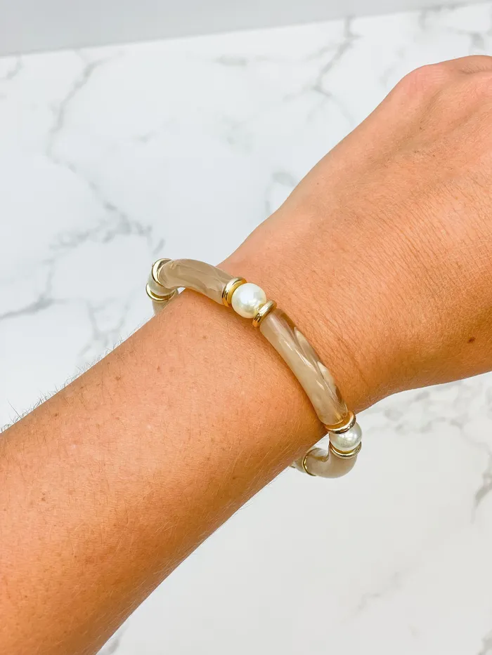 Pearl Beaded Acrylic Tube Bracelet Beige Prep Obsessed JM Bracelets