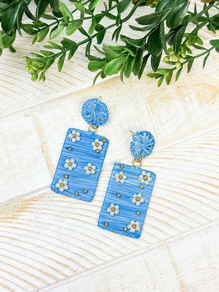 Pearl Beaded Flower Raffia Statement Earrings Blue Prep Obsessed ESS Earrings