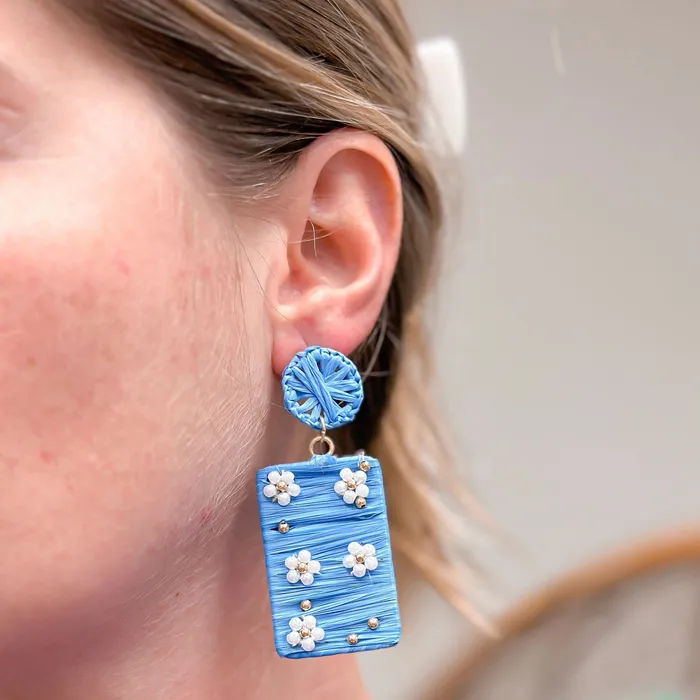 Pearl Beaded Flower Raffia Statement Earrings Blue Prep Obsessed ESS Earrings