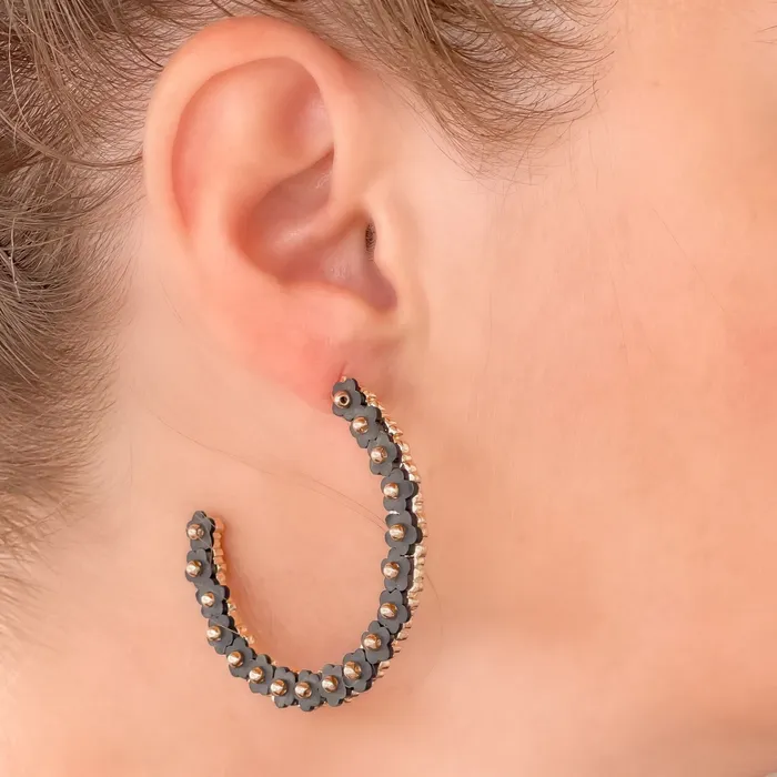 Prep Obsessed CT Earrings Beaded Mini Flower Lined Hoop Earrings Black