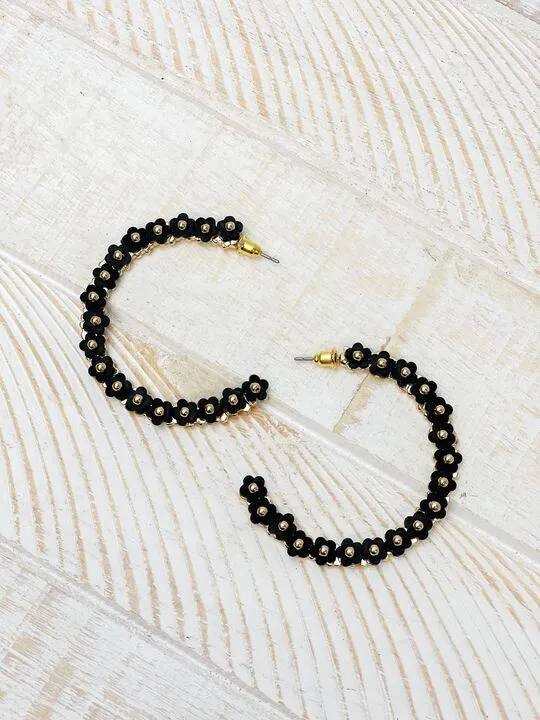 Prep Obsessed CT Earrings Beaded Mini Flower Lined Hoop Earrings Black
