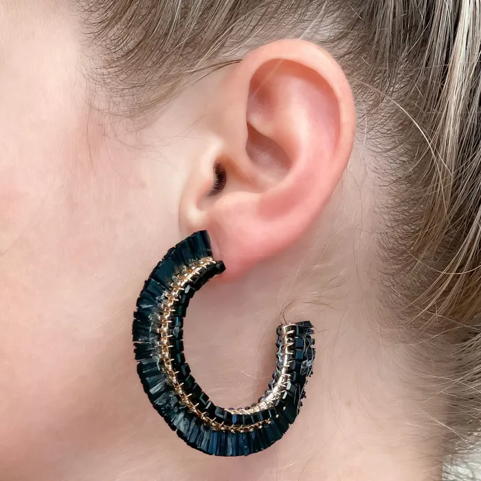Prep Obsessed CT Earrings Beaded Raffia Hoop Earrings Black