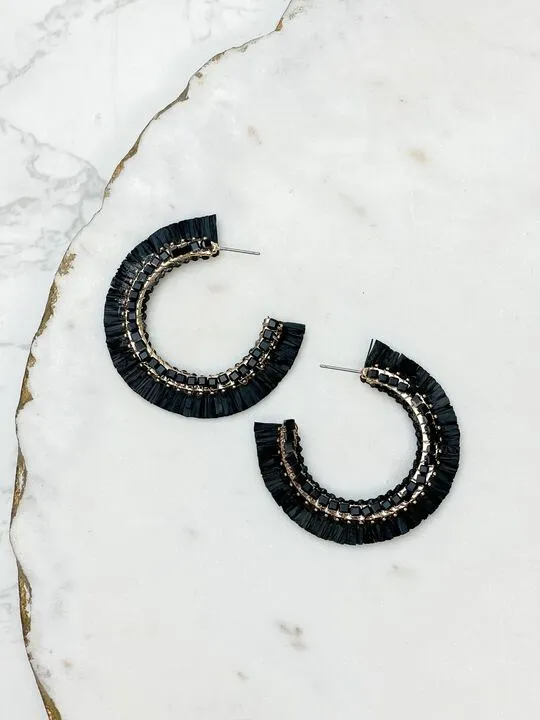 Prep Obsessed CT Earrings Beaded Raffia Hoop Earrings Black
